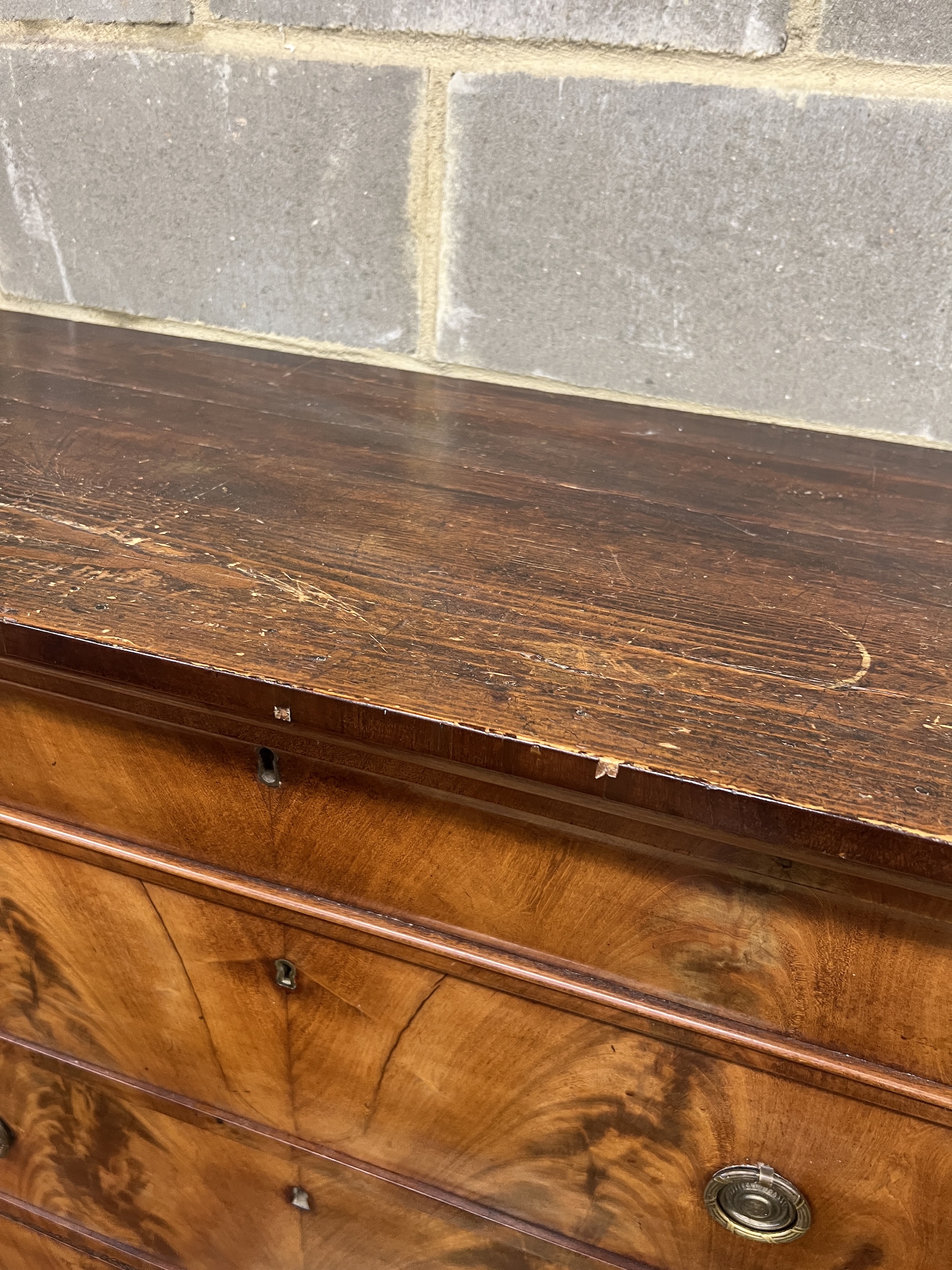 A 19th century French mahogany chest of six drawers, width 104cm, depth 46cm, height 159cm